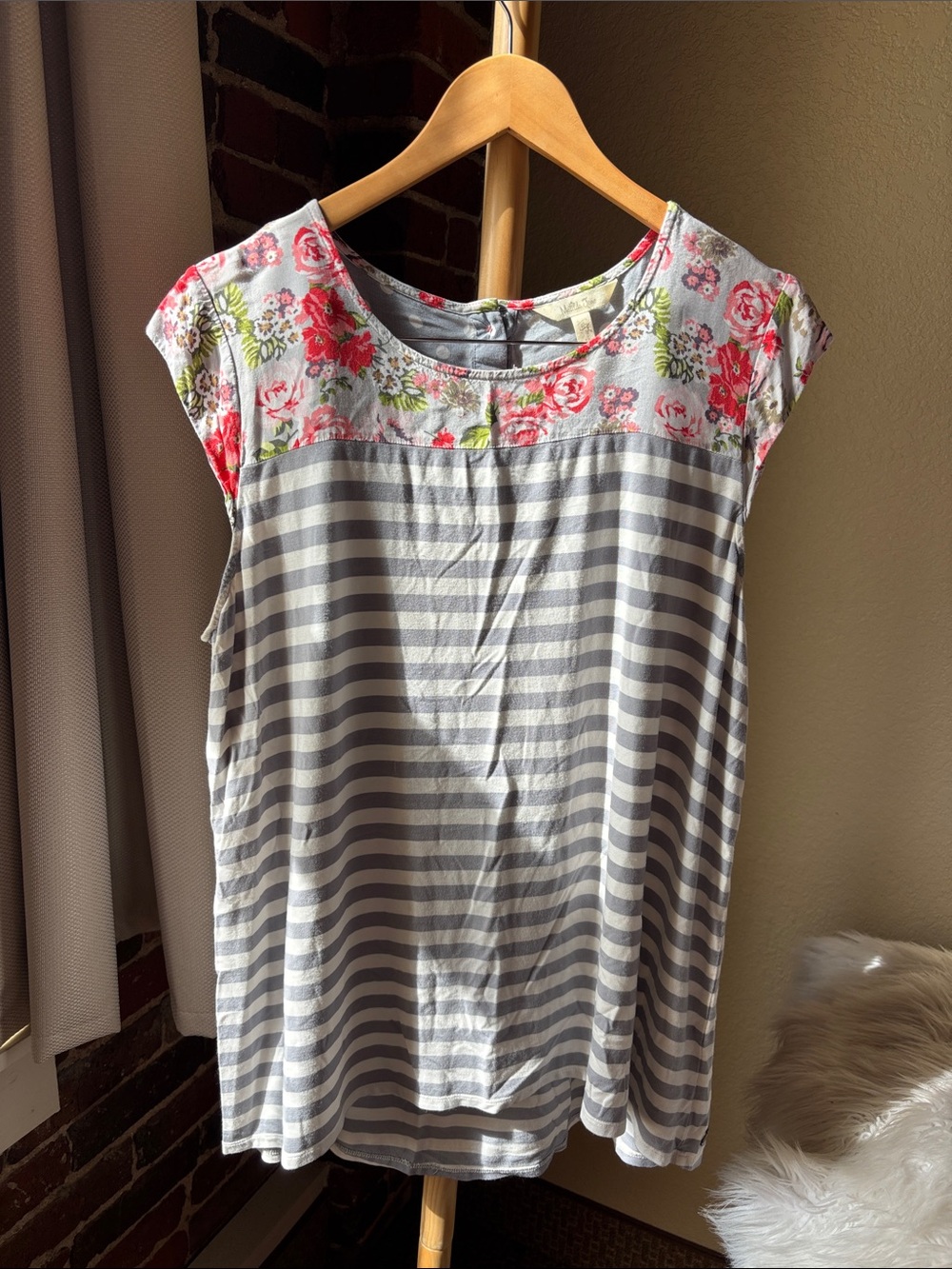 Matilda Jane Pink Floral Yoke Gray Striped Cap-Sleeve Mini Dress Size XL